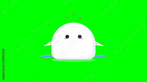 Cute White Blob Character Swimming and Waving on Green Screen.