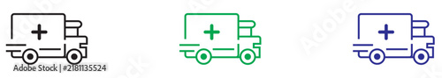 Set of ambulance vehicle icons with medical crosses representing emergency medical services