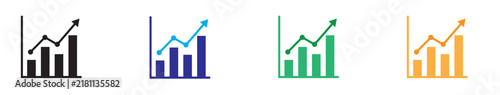 Row of colorful growth bar charts with line trends representing increasing business performance