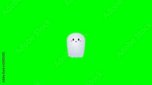Cute Animated Ghost Character Waving Hello on Green Screen Background.