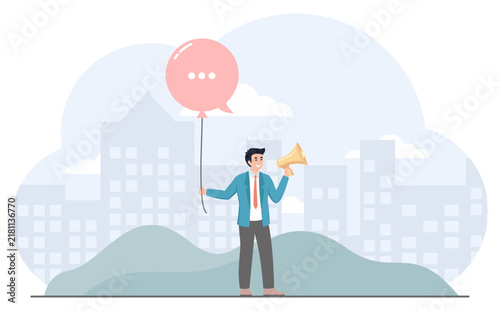 Businessman With Megaphone and Speech Balloon Announcing a City Marketing Message.