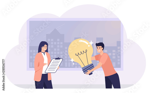 Business Team Brainstorming and Collaboration With Light Bulb Idea in Office Meeting.