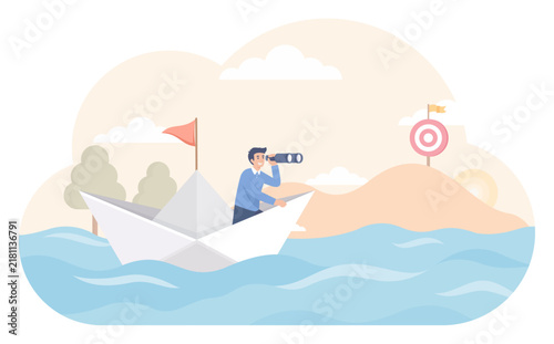 Businessman Navigating Goals, Visionary Leader Searching for Targets on a Paper Boat Journey.