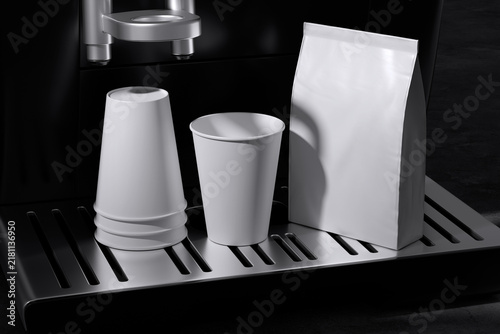 Coffee cups and bag on machine for mockup template