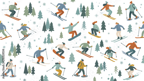 Seasonal winter sports scene with skiers and snowboarders among trees in a snowy landscape.