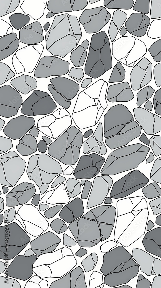 Seamless pattern with abstract grey stones and rocks on a white background.