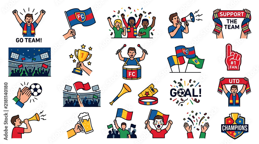 Fototapeta premium Set of vector illustrations featuring soccer fans, stadium atmosphere, and championship celebration icons.