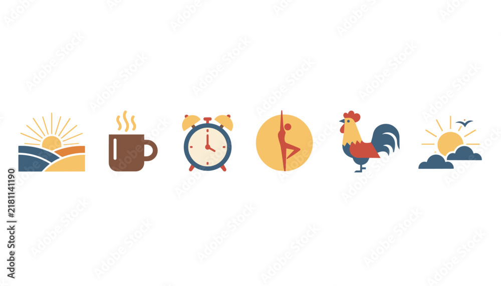 Fototapeta premium Flat design icons depicting a healthy morning routine with sunrise, coffee cup, alarm clock, stretching, and rooster.