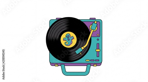 Retro 90s portable record player illustration with spinning vinyl and cartoon ghost graphic