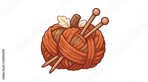 Cartoon illustration of orange yarn pumpkin with knitting needles and leaves