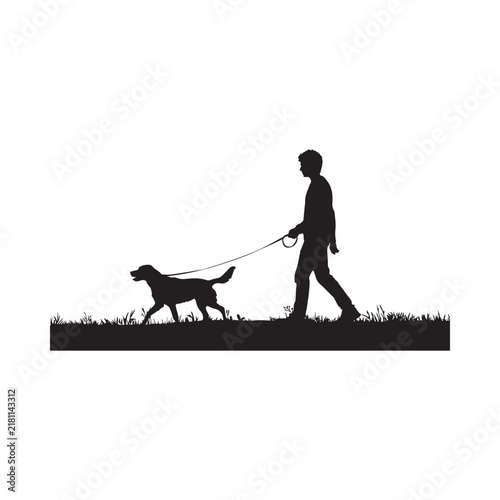 Man Walking Dog Silhouette Against Grassy Landscape Black And White