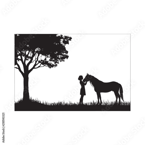 Horse and girl silhouette against a white background scenic illustration