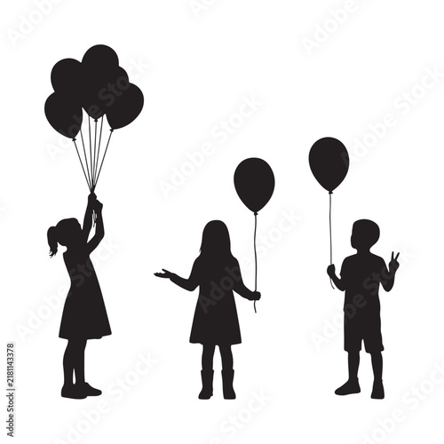 Children With Balloons Silhouette Against White Background