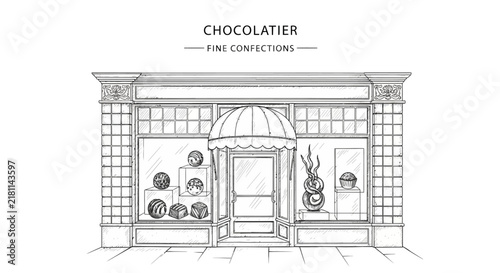 Handdrawn sketch of a charming chocolatier shopfront with an awning and display windows.