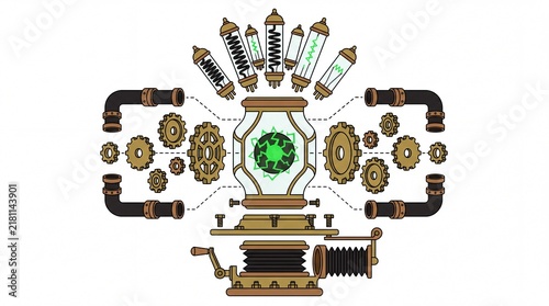 Steampunk reanimation device exploded view flat vector with glowing green energy source