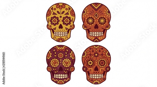 Flat vector sugar skull icons set in autumn colors for day of the dead