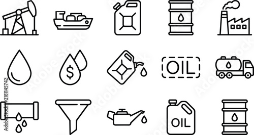 Set of Oil and Petroleum Industry Icons for Energy and Fuel Production