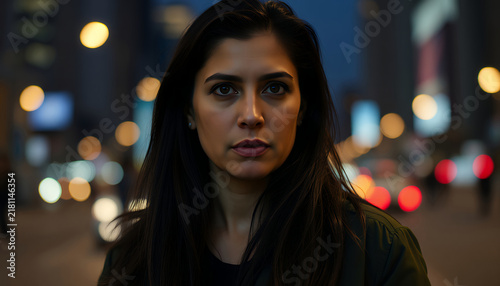Portrait of a young woman standing in a city street at night with blurred bokeh lights