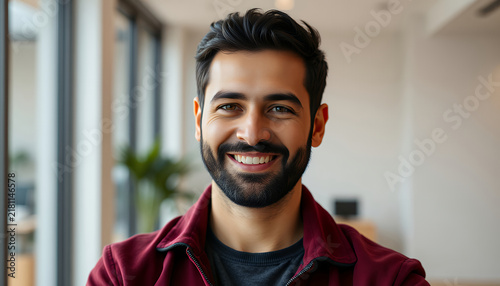 Portrait of a smiling young man with a beard in a modern office environment