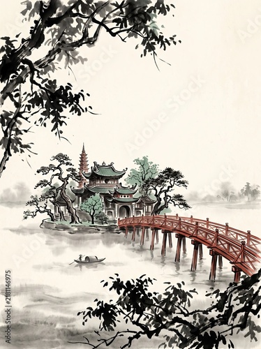 Ngoc Son Temple and Red The Huc Bridge over Hoan Kiem Lake, Poetic Traditional Vietnamese Ink Wash Painting of Hanoi