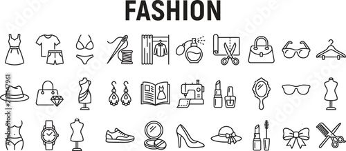Set of Fashion and Beauty Icons Representing Clothing and Style Accessories