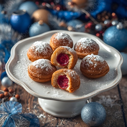 Delicious Christmas jam-filled doughnut holes dusted with sugar on a white pedestal stand with festive blue holiday ornaments in the background