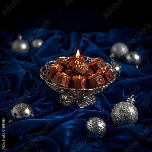 Festive chocolate truffles decorated with gold leaf in a silver bowl on a rich blue velvet cloth with silver ornaments for winter holidays
