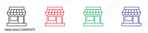Set of four multicolored store icons with awning and shop window outline style store icon retail shop line art