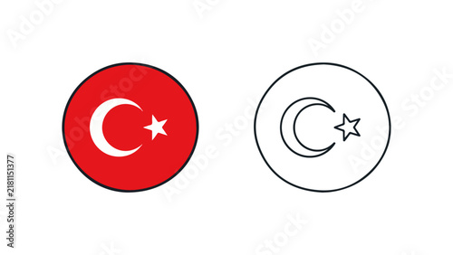 Turkey Flag Icon, Round Colored and Outline National Symbol Vector Illustration Set
