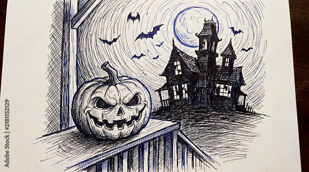 Naklejka premium Spooky jack-o-lantern and haunted house halloween sketch.