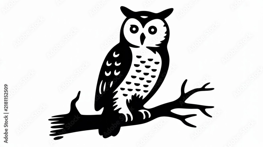 Obraz premium Vintage owl mascot perched on branch, detailed woodcut animal illustration with rustic engraved line art.