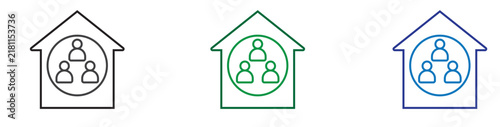 Three stylized house icons with people symbols inside representing household or residential community concepts