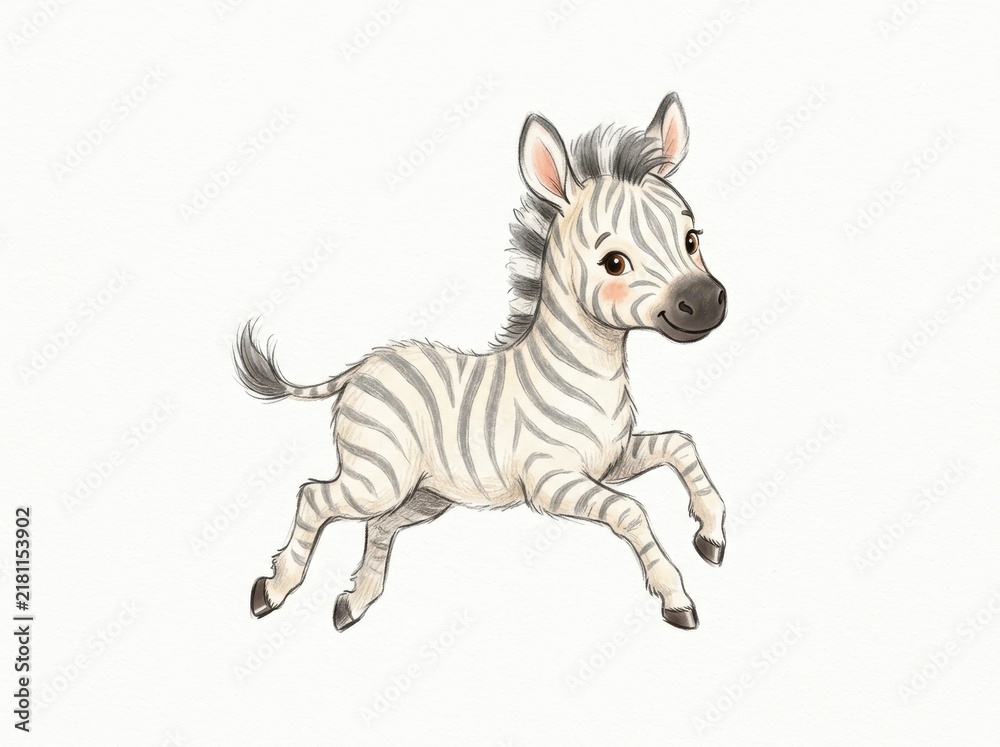 Fototapeta premium Baby zebra runs joyfully in a watercolor art style against a pure white background.