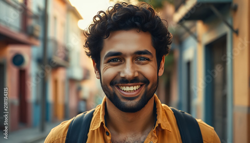 Portrait of a smiling young man with curly hair walking outdoors in a city street.