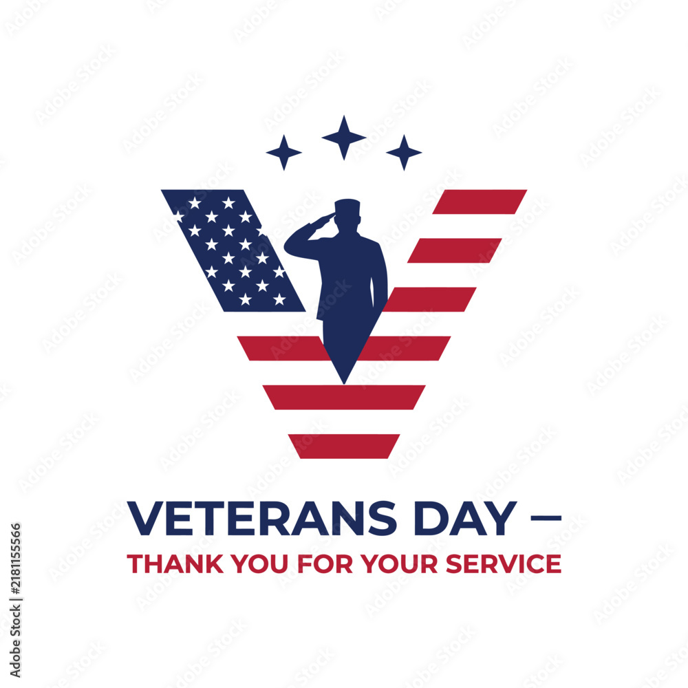 Obraz premium Veterans day memorial design featuring soldier silhouette flag stripes and golden stars.