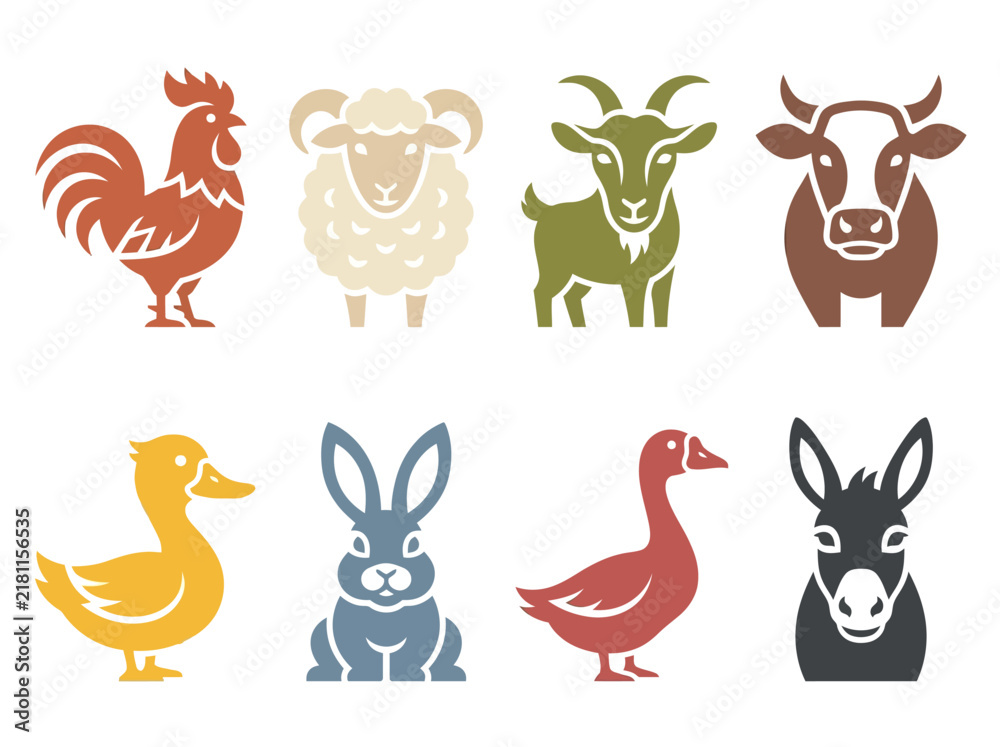 Fototapeta premium Vector farm animal symbol bundle containing colorful minimalist icons of cow, sheep, goat, duck, and rooster