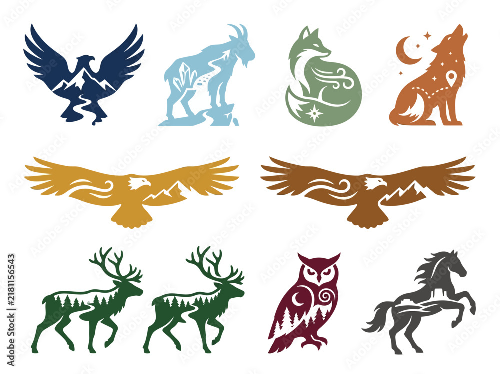 Obraz premium Vector animal glyph icon pack with wildlife silhouettes featuring double exposure landscapes isolated on white.
