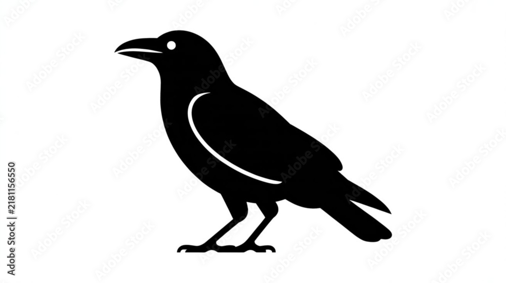Obraz premium Minimal black crow vector illustration icon, clean monochrome bird silhouette for modern logos and branding.