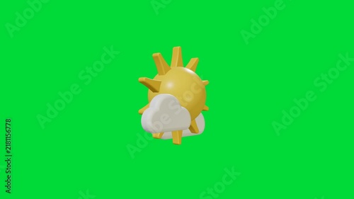 3D Weather Icon Sun and Clouds on Chroma Key Green Screen