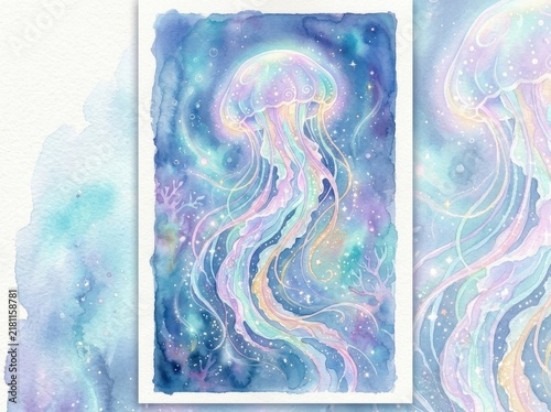 Jellyfish drifts gracefully in deep blue water in this vibrant watercolor illustration.