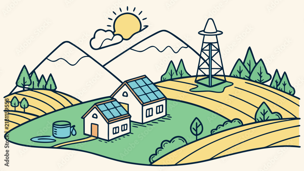 Fototapeta premium Sustainable Mountain Community with Solar Energy Vector