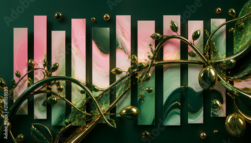Contemporary poster design featuring bold gradient typography with 3D glossy metallic vines on a dark forest green background