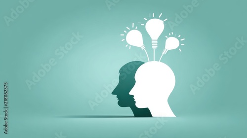 Creative thinking process with light bulbs emerging from human head