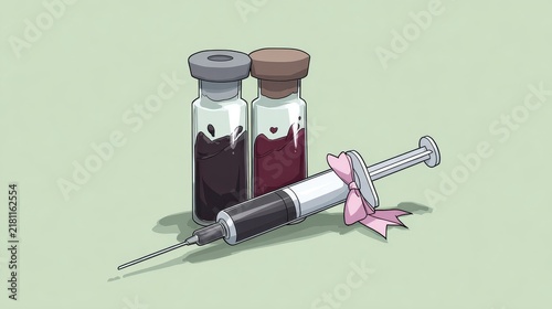 Medical Syringe with Pink Ribbon and Glass Vials Illustration