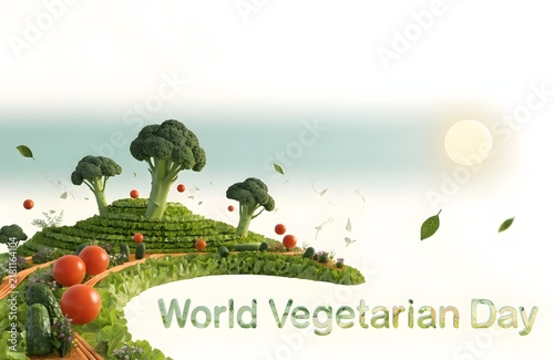 World vegetarian day conceptual island landscape made of broccoli trees and tomato sun in a healthy natural setting with vegan dream
