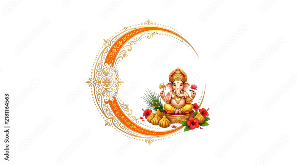 Fototapeta premium Ganesha sitting on lotus with modaks and crescent moon frame isolated on transparent background