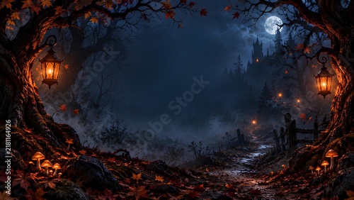満月の夜に浮かぶ古城とランタンが照らす秋の森 / Ancient castle and lanterns in autumn forest under full moon (Generative AI)