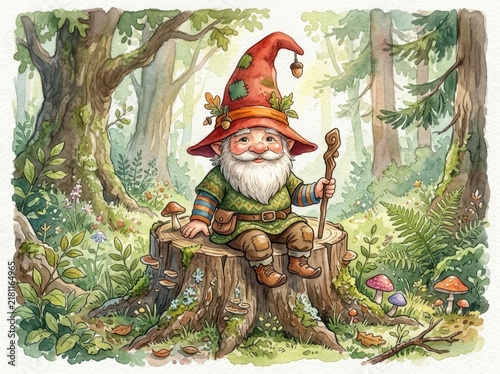 Gnome with a red hat and white beard sits on a tree stump in a lush green forest.