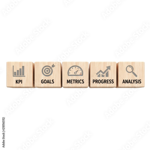 Five wooden cubes displaying KPI, Goals, Metrics, Progress, and Analysis symbols for business performance management