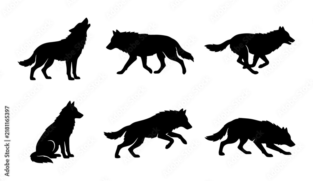 Obraz premium Wolf Silhouette Collection, Wild Animal Poses, Vector Graphics for Nature and Wildlife Designs